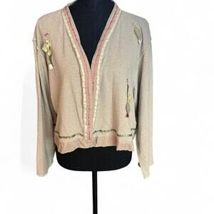 Tan embroidered cardigan with floral details and a relaxed fit Size Medium